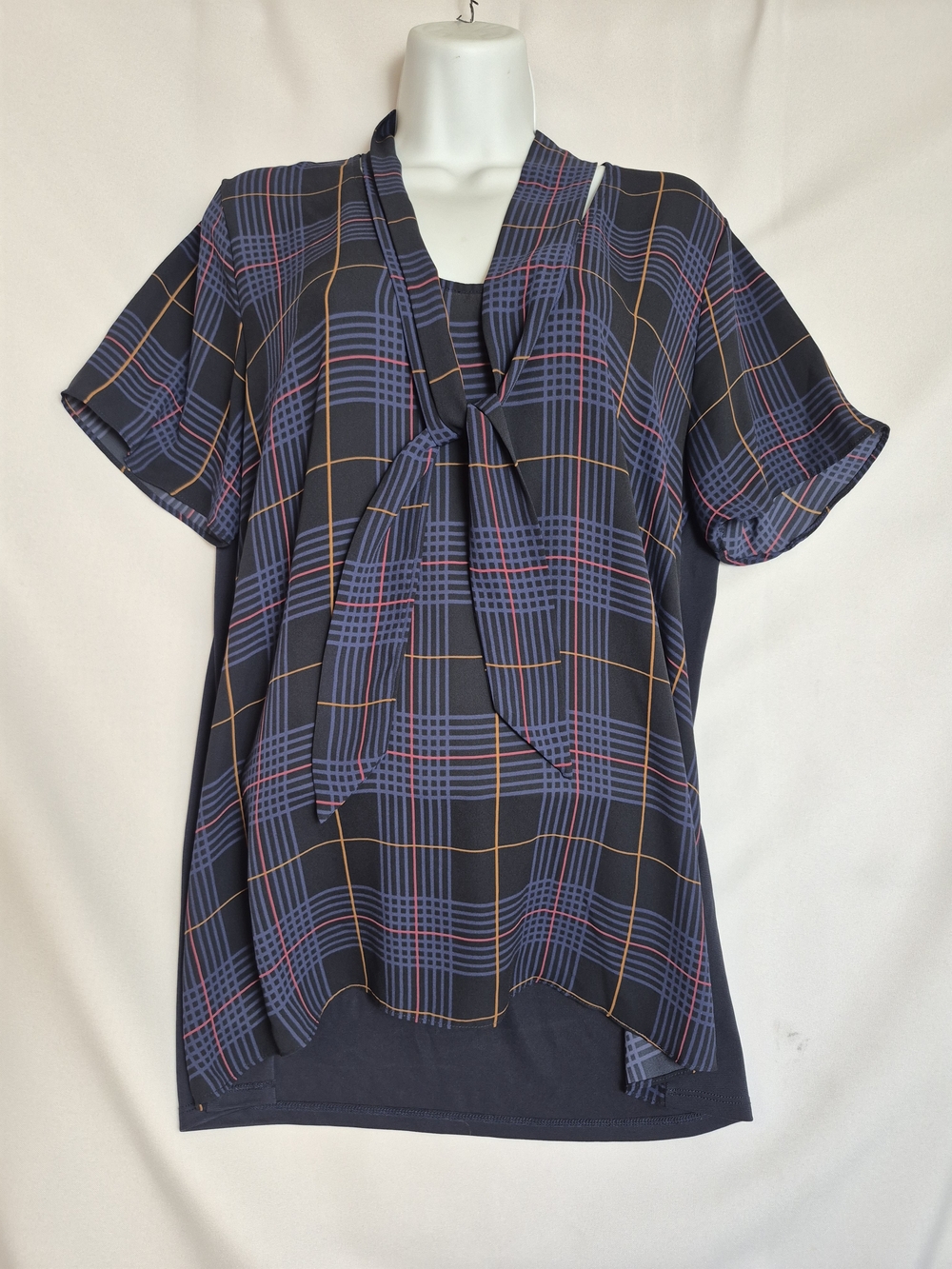 Womens Navy Plaid Tie-Neck Blouse